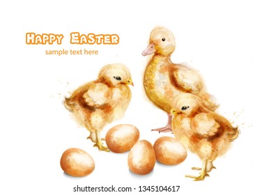 Easter ducky and chicks Vector watercolor card. Happy Easter greeting