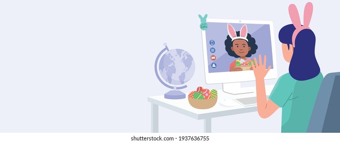 Easter during the pandemic concept, Children having video conference on computer with friend at home. Vector