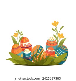  Easter dyed eggs in grass with flowers Vector illustration on white background