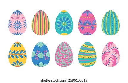 Easter dyed eggs set. Colored eggs collection for Easter. Vector illustrations isolated on white background. Bright spring holiday eggs design