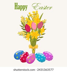 Easter early spring flowers bucket. Easter colorful flat elements. Easter symbols. Stock vector isolated on white background