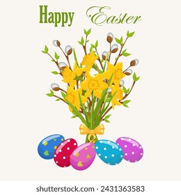Easter early spring flowers bucket. Easter colorful flat elements. Easter symbols. Stock vector isolated on white background