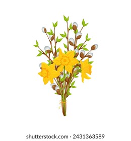 Ostern Frühling Blumen Eimer. Ostern bunte flache Elemente. Ostersymbole. Stockvektor isoliert auf weißem Hintergrund