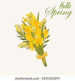 Easter early spring flowers bucket. Easter colorful flat elements. Easter symbols. Stock vector isolated on white background