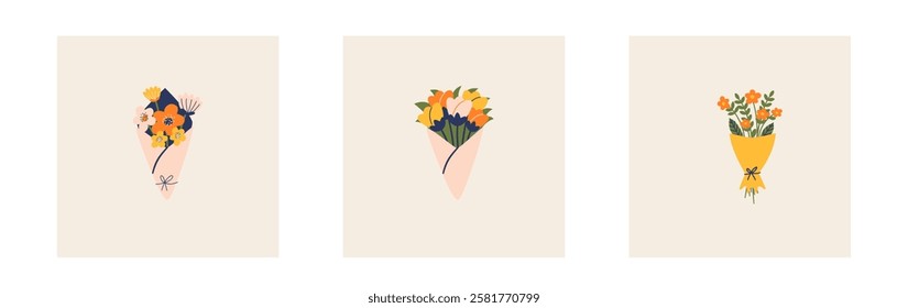 Easter early spring flowers bucket. Easter colorful flat elements. Easter symbols. Stock vector isolated on white background