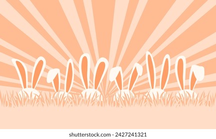 Easter ears bunny background, cartoon rabbit border in grass. Easter eggs hunt. Peach cute holiday banner. Cartoon spring bg. Vector illustration