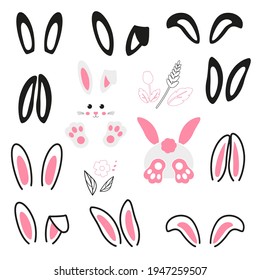Easter ears, paws bunny, face of rabbits. Vector illustration, hand drawn. Childrens poster. Set on isolated background