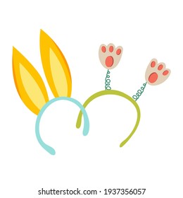 Easter ears and paws. Headband with easter elements. Decorations for celebrating Easter. Isolated element of vector illustration on a white background.