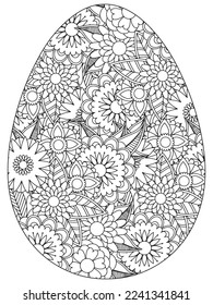 Easter Earth Day flower coloring page. A page for coloring book: fascinating and relaxing job for children and adults. Zentangle drawing. Easter coloring book art, Easter eggs vector. 