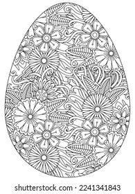 Easter Earth Day flower coloring page. A page for coloring book: fascinating and relaxing job for children and adults. Zentangle drawing. Easter coloring book art, Easter eggs vector. 