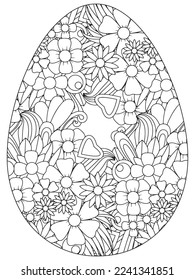 Easter Earth Day flower coloring page. A page for coloring book: fascinating and relaxing job for children and adults. Zentangle drawing. Easter coloring book art, Easter eggs vector. 