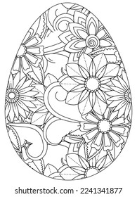 Easter Earth Day flower coloring page. A page for coloring book: fascinating and relaxing job for children and adults. Zentangle drawing. Easter coloring book art, Easter eggs vector. 