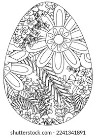 Easter Earth Day flower coloring page. A page for coloring book: fascinating and relaxing job for children and adults. Zentangle drawing. Easter coloring book art, Easter eggs vector. 