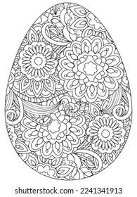 Easter Earth Day flower coloring page. A page for coloring book: fascinating and relaxing job for children and adults. Zentangle drawing. Easter coloring book art, Easter eggs vector. 