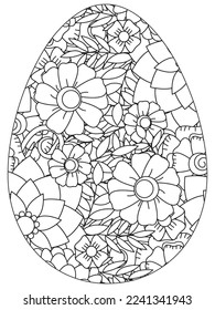 Easter Earth Day flower coloring page. A page for coloring book: fascinating and relaxing job for children and adults. Zentangle drawing. Easter coloring book art, Easter eggs vector. 