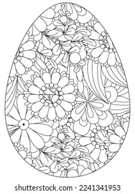 Easter Earth Day flower coloring page. A page for coloring book: fascinating and relaxing job for children and adults. Zentangle drawing. Easter coloring book art, Easter eggs vector. 