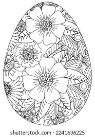 Easter Earth Day flower coloring page. A page for coloring book: fascinating and relaxing job for children and adults. Zentangle drawing. Easter coloring book art, Easter eggs vector. 