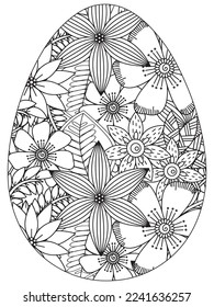 Easter Earth Day flower coloring page. A page for coloring book: fascinating and relaxing job for children and adults. Zentangle drawing. Easter coloring book art, Easter eggs vector. 