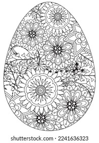 Easter Earth Day flower coloring page. A page for coloring book: fascinating and relaxing job for children and adults. Zentangle drawing. Easter coloring book art, Easter eggs vector. 