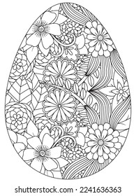 Easter Earth Day flower coloring page. A page for coloring book: fascinating and relaxing job for children and adults. Zentangle drawing. Easter coloring book art, Easter eggs vector. 