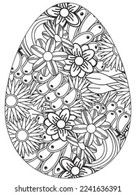 Easter Earth Day flower coloring page. A page for coloring book: fascinating and relaxing job for children and adults. Zentangle drawing. Easter coloring book art, Easter eggs vector. 