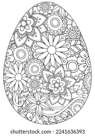 Easter Earth Day flower coloring page. A page for coloring book: fascinating and relaxing job for children and adults. Zentangle drawing. Easter coloring book art, Easter eggs vector. 