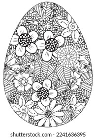 Easter Earth Day flower coloring page. A page for coloring book: fascinating and relaxing job for children and adults. Zentangle drawing. Easter coloring book art, Easter eggs vector. 