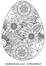 Easter Earth Day flower coloring page. A page for coloring book: fascinating and relaxing job for children and adults. Zentangle drawing. Easter coloring book art, Easter eggs vector. 