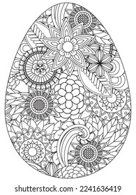 Easter Earth Day flower coloring page. A page for coloring book: fascinating and relaxing job for children and adults. Zentangle drawing. Easter coloring book art, Easter eggs vector. 