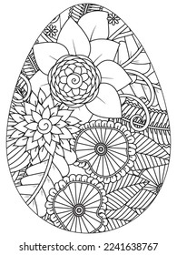 Easter Earth Day flower coloring page. A page for coloring book: fascinating and relaxing job for children and adults. Zentangle drawing. Easter coloring book art, Easter eggs vector. 