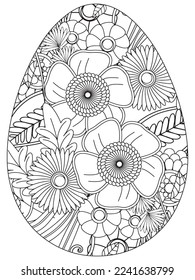 Easter Earth Day flower coloring page. A page for coloring book: fascinating and relaxing job for children and adults. Zentangle drawing. Easter coloring book art, Easter eggs vector. 