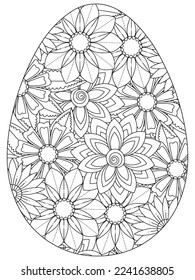 Easter Earth Day flower coloring page. A page for coloring book: fascinating and relaxing job for children and adults. Zentangle drawing. Easter coloring book art, Easter eggs vector. 