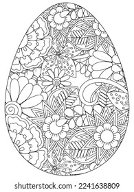 Easter Earth Day flower coloring page. A page for coloring book: fascinating and relaxing job for children and adults. Zentangle drawing. Easter coloring book art, Easter eggs vector. 