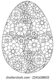 Easter Earth Day flower coloring page. A page for coloring book: fascinating and relaxing job for children and adults. Zentangle drawing. Easter coloring book art, Easter eggs vector. 