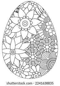 Easter Earth Day flower coloring page. A page for coloring book: fascinating and relaxing job for children and adults. Zentangle drawing. Easter coloring book art, Easter eggs vector. 