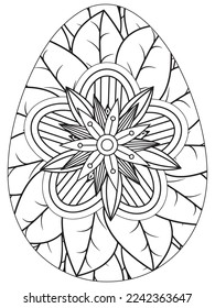 Easter Earth Day flower coloring page. A page for coloring book: fascinating and relaxing job for children and adults. Zentangle drawing. Easter coloring book art, Easter eggs vector. 