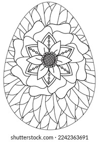 Easter Earth Day flower coloring page. A page for coloring book: fascinating and relaxing job for children and adults. Zentangle drawing. Easter coloring book art, Easter eggs vector. 