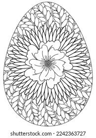 Easter Earth Day flower coloring page. A page for coloring book: fascinating and relaxing job for children and adults. Zentangle drawing. Easter coloring book art, Easter eggs vector. 