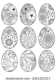 Easter Earth Day outline illustration for coloring book page. fascinating and relaxing job for children and adults. Zentangle drawing. Easter coloring book art, Easter eggs vector