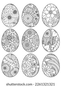 Easter Earth Day outline illustration for coloring book page. fascinating and relaxing job for children and adults. Zentangle drawing. Easter coloring book art, Easter eggs vector