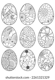 Easter Earth Day outline illustration for coloring book page. fascinating and relaxing job for children and adults. Zentangle drawing. Easter coloring book art, Easter eggs vector