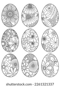 Easter Earth Day outline illustration for coloring book page. fascinating and relaxing job for children and adults. Zentangle drawing. Easter coloring book art, Easter eggs vector