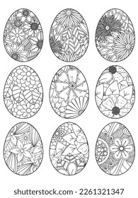 Easter Earth Day outline illustration for coloring book page. fascinating and relaxing job for children and adults. Zentangle drawing. Easter coloring book art, Easter eggs vector