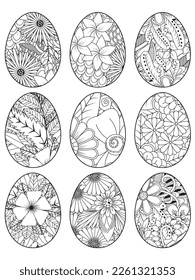 Easter Earth Day outline illustration for coloring book page. fascinating and relaxing job for children and adults. Zentangle drawing. Easter coloring book art, Easter eggs vector