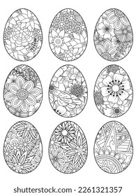 Easter Earth Day outline illustration for coloring book page. fascinating and relaxing job for children and adults. Zentangle drawing. Easter coloring book art, Easter eggs vector