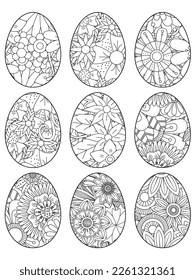 Easter Earth Day outline illustration for coloring book page. fascinating and relaxing job for children and adults. Zentangle drawing. Easter coloring book art, Easter eggs vector