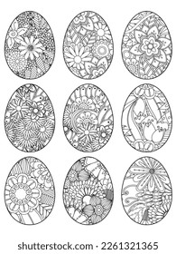 Easter Earth Day outline illustration for coloring book page. fascinating and relaxing job for children and adults. Zentangle drawing. Easter coloring book art, Easter eggs vector