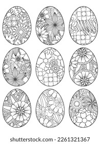 Easter Earth Day outline illustration for coloring book page. fascinating and relaxing job for children and adults. Zentangle drawing. Easter coloring book art, Easter eggs vector