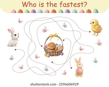 Easter educational game for kids to find the fastest, fun activity with Easter eggs, logic challenge for toddlers, printable worksheet
