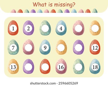 Easter educational game for kids with missing figure, fun activity for toddlers, logic puzzle with colorful eggs, printable worksheet